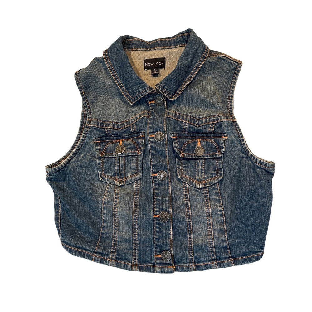 Vintage New Look Denim Vest Womens Cropped Button Front Large Blue Boho Cowgirl